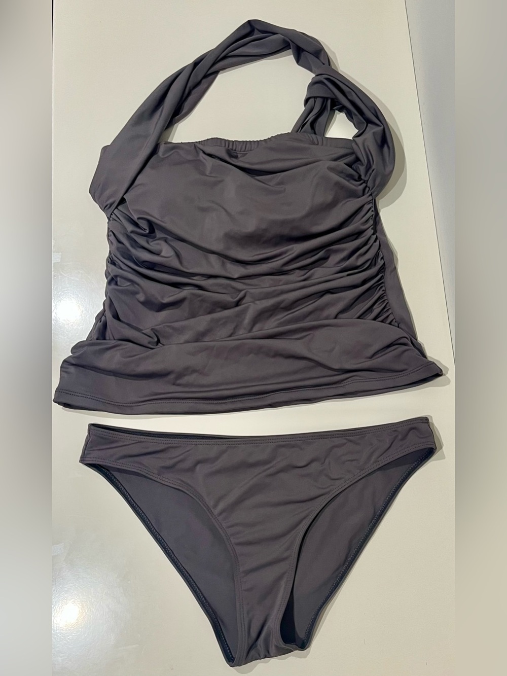 Amazon Women’s Gray Ruched Halter Tankini and Bikini Set